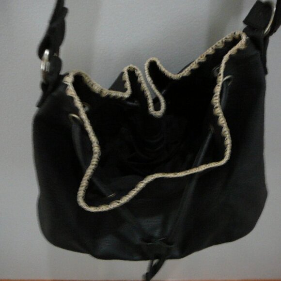 Black Drawstring Closure Cross Body Faux Leather Purse Bag w/Tan Embroidery - Picture 3 of 7